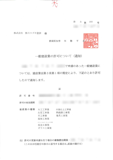 静岡県知事許可書