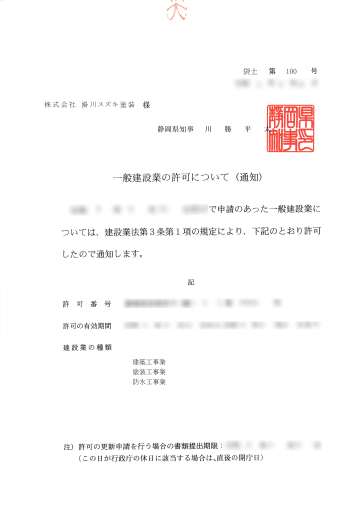 静岡県知事許可書